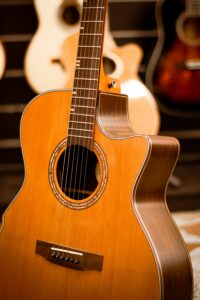 Detailed view of an acoustic guitar in a music store setting